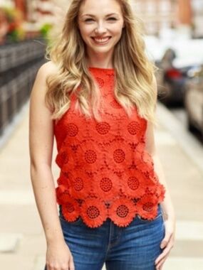 LOFT Sunflower Lace Scalloped Top, Red/Orange